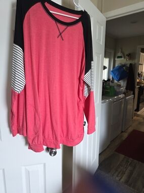 Pink and Black Long Sleeve Raglan Top with Stripe Elbow Detail